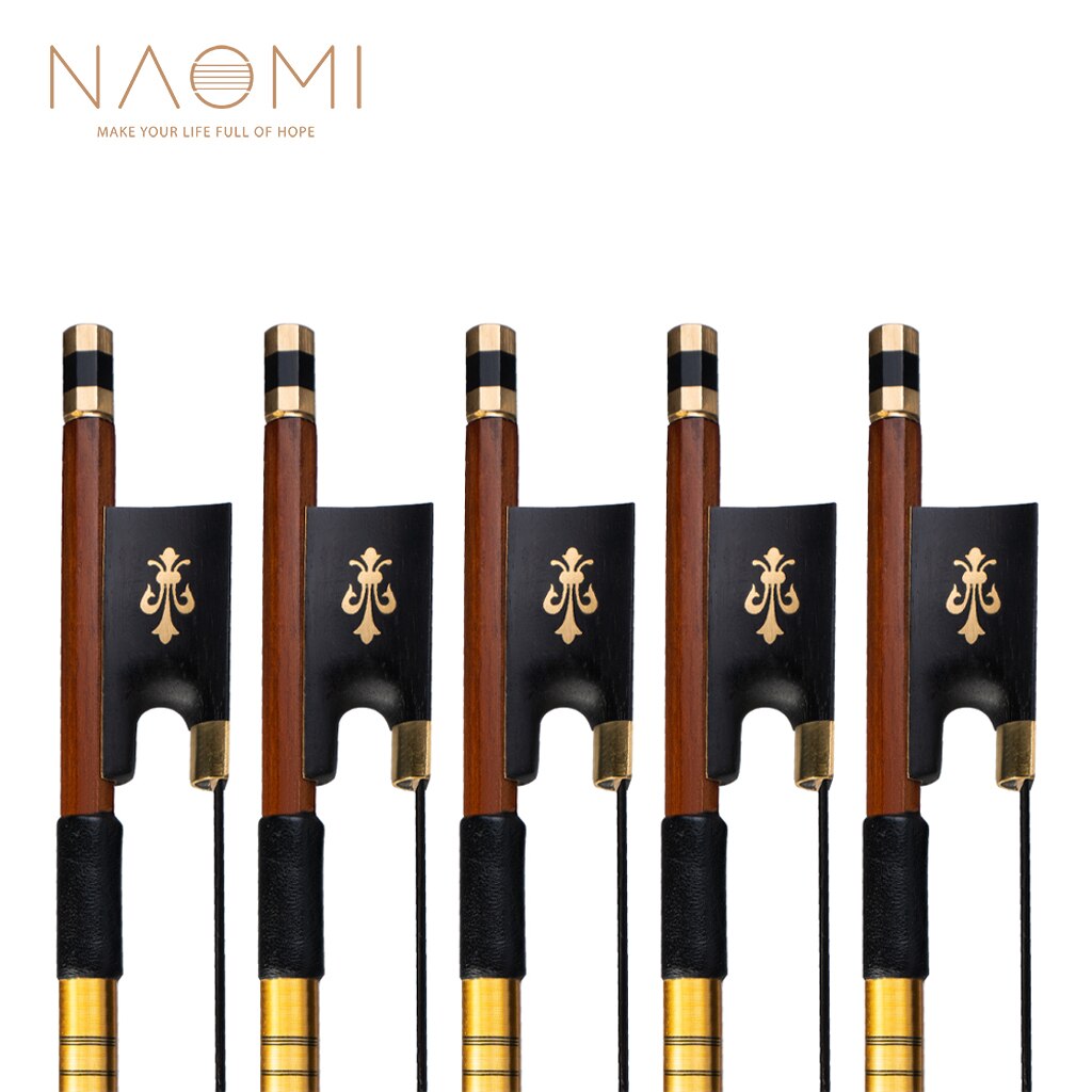 NAOMI 5pcs/1set 고급 활 라운드 IPE 스틱 블랙 Horsehair 에보니 개구리 w/ Fleur-de-lis 인레이 4/4 바이올린 절묘한 & 내구성